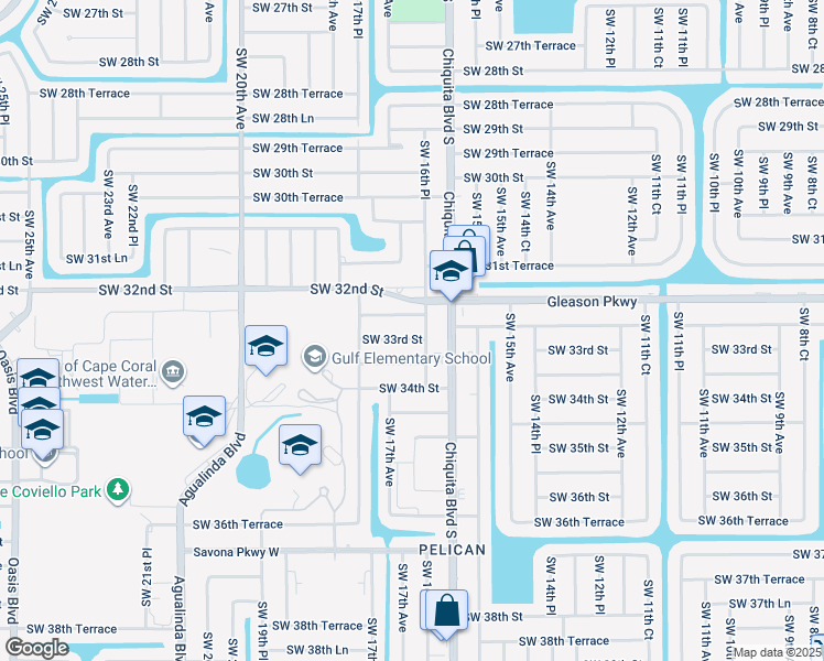 map of restaurants, bars, coffee shops, grocery stores, and more near 1614 Southwest 32nd Terrace in Cape Coral