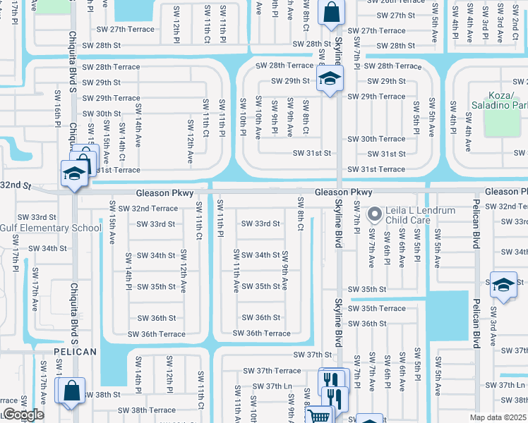 map of restaurants, bars, coffee shops, grocery stores, and more near 1001 Southwest 32nd Terrace in Cape Coral