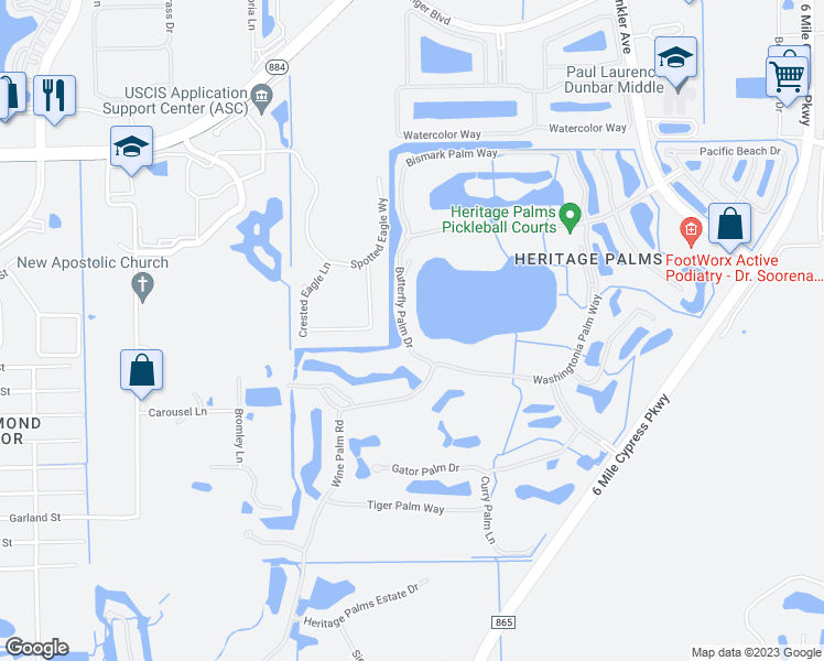 map of restaurants, bars, coffee shops, grocery stores, and more near 10391 Butterfly Palm Drive in Fort Myers