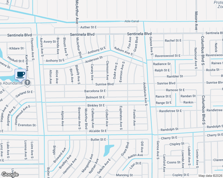 map of restaurants, bars, coffee shops, grocery stores, and more near 1032 Sunrise Boulevard in Lehigh Acres