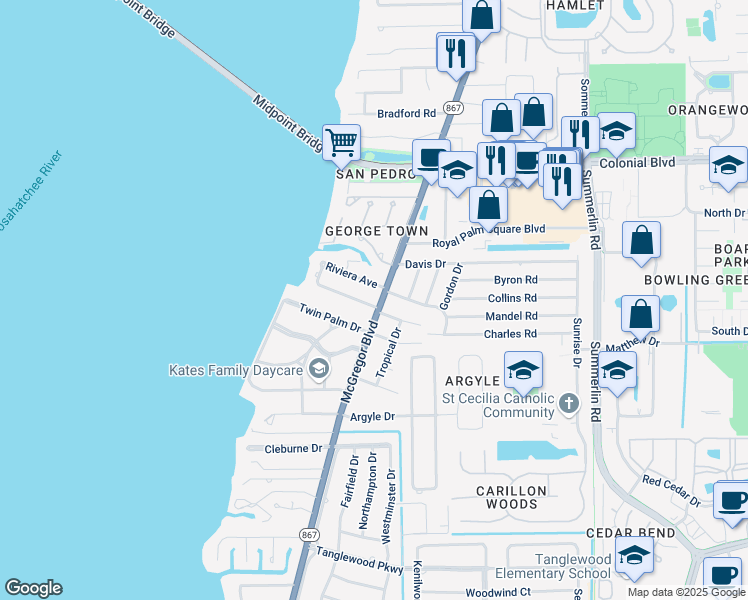 map of restaurants, bars, coffee shops, grocery stores, and more near 10291 Loma Linda Drive in Fort Myers