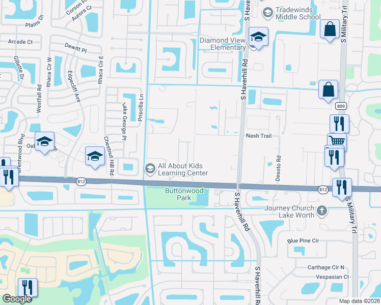map of restaurants, bars, coffee shops, grocery stores, and more near 5841 Monterra Club Drive in Lake Worth