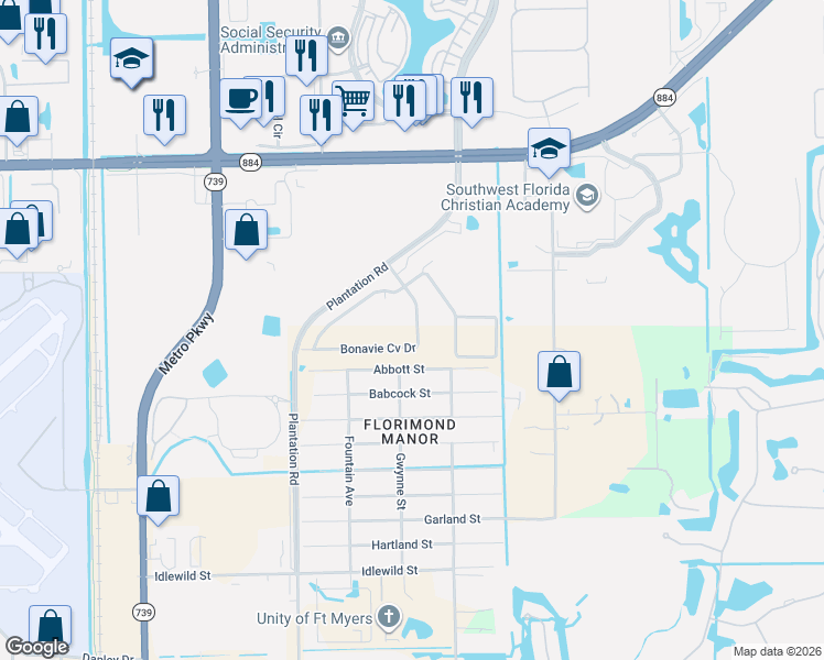 map of restaurants, bars, coffee shops, grocery stores, and more near 10278 Bonavie Cove Drive in Fort Myers
