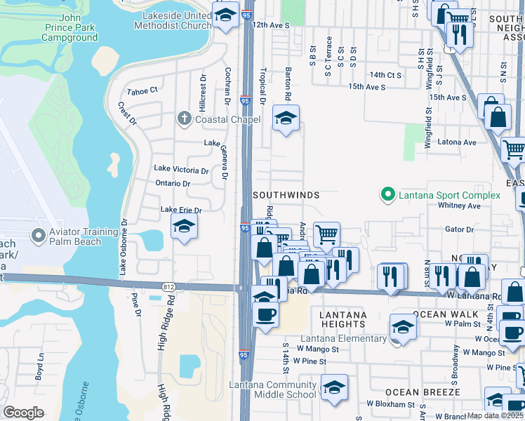 map of restaurants, bars, coffee shops, grocery stores, and more near 815 Ridge Road in Lantana