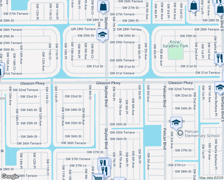 map of restaurants, bars, coffee shops, grocery stores, and more near 3206 Southwest 7th Place in Cape Coral