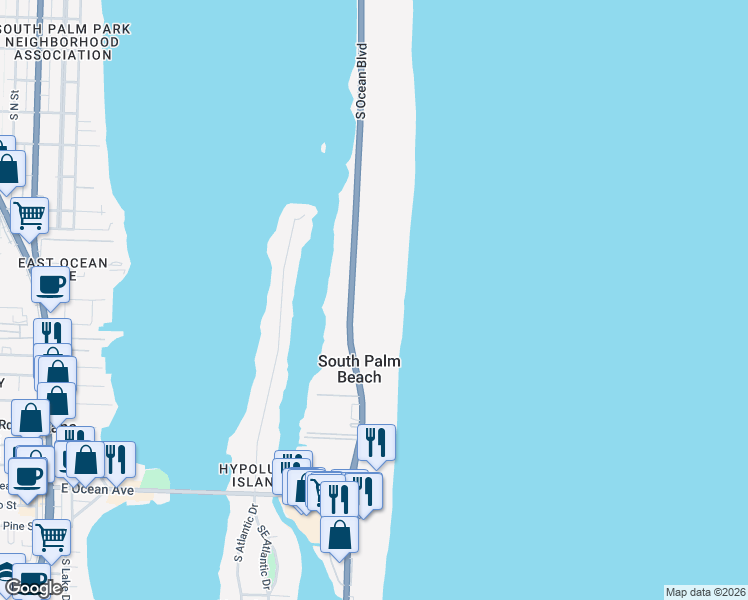 map of restaurants, bars, coffee shops, grocery stores, and more near 3540 South Ocean Boulevard in South Palm Beach