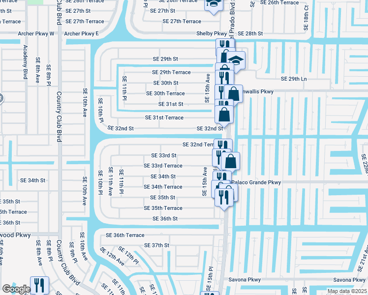 map of restaurants, bars, coffee shops, grocery stores, and more near 1408 Southeast 32nd Terrace in Cape Coral