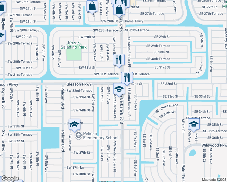 map of restaurants, bars, coffee shops, grocery stores, and more near 3214 Southwest Santa Barbara Place in Cape Coral