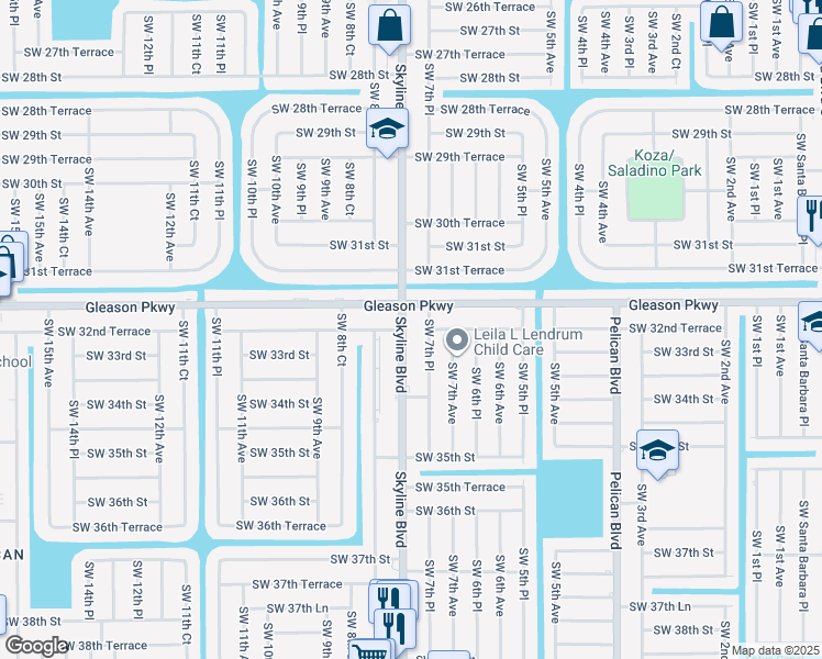 map of restaurants, bars, coffee shops, grocery stores, and more near 3206 Southwest 7th Place in Cape Coral