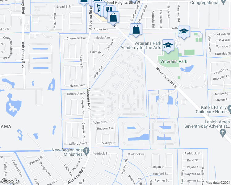 map of restaurants, bars, coffee shops, grocery stores, and more near 10533 Putnam Court in Lehigh Acres