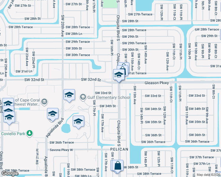 map of restaurants, bars, coffee shops, grocery stores, and more near 1614 Southwest 32nd Terrace in Cape Coral