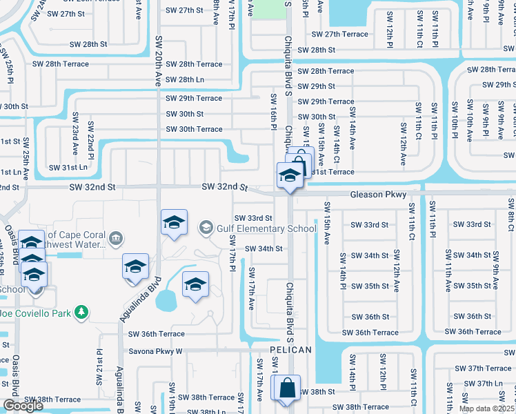 map of restaurants, bars, coffee shops, grocery stores, and more near 1626 Southwest 32nd Terrace in Cape Coral