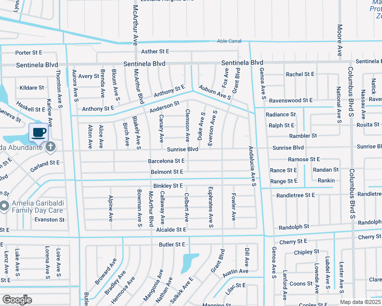 map of restaurants, bars, coffee shops, grocery stores, and more near 1032 Sunrise Boulevard in Lehigh Acres