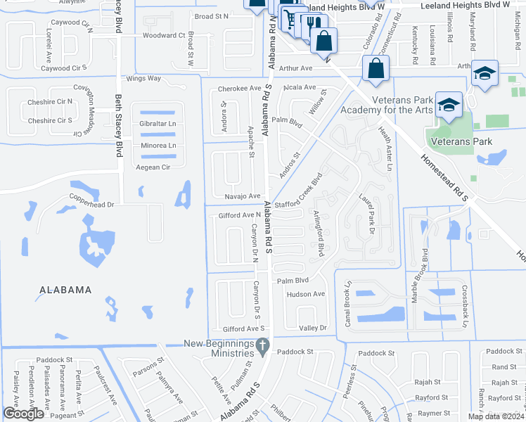 map of restaurants, bars, coffee shops, grocery stores, and more near 1101 Gifford Avenue North in Lehigh Acres