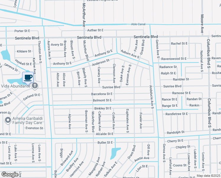 map of restaurants, bars, coffee shops, grocery stores, and more near 1024 Sunrise Boulevard in Lehigh Acres