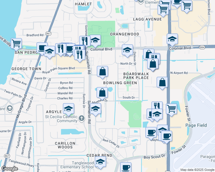 map of restaurants, bars, coffee shops, grocery stores, and more near 4785 Barkley Circle in Fort Myers