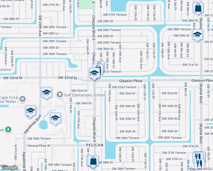 map of restaurants, bars, coffee shops, grocery stores, and more near 3205 Chiquita Boulevard South in Cape Coral