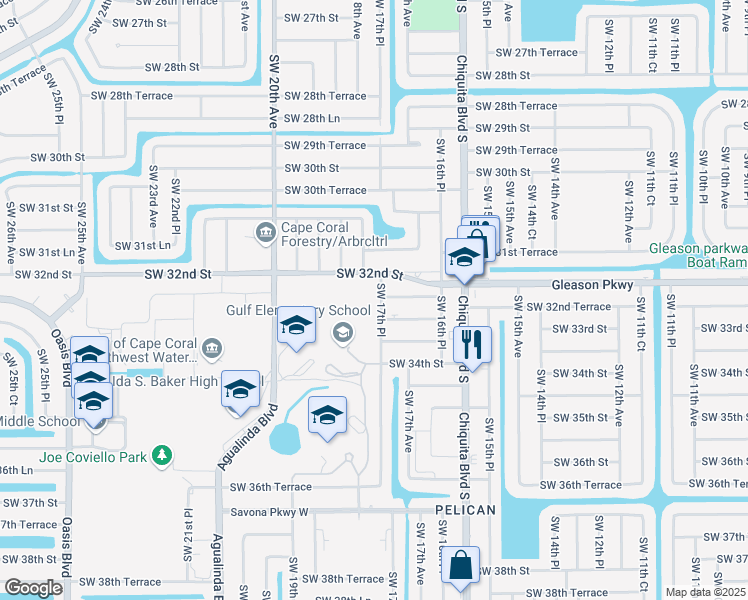map of restaurants, bars, coffee shops, grocery stores, and more near 3208 Southwest 17th Place in Cape Coral