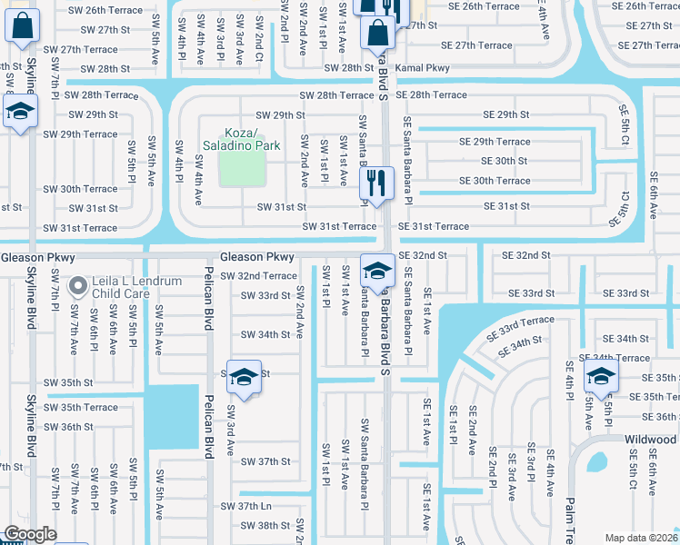 map of restaurants, bars, coffee shops, grocery stores, and more near 3210 Southwest 1st Avenue in Cape Coral