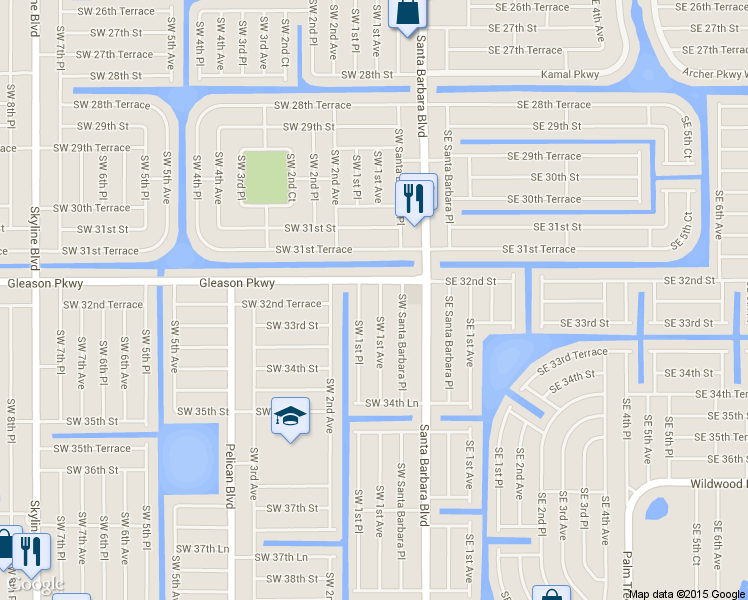 map of restaurants, bars, coffee shops, grocery stores, and more near 3210 Southwest 1st Avenue in Cape Coral