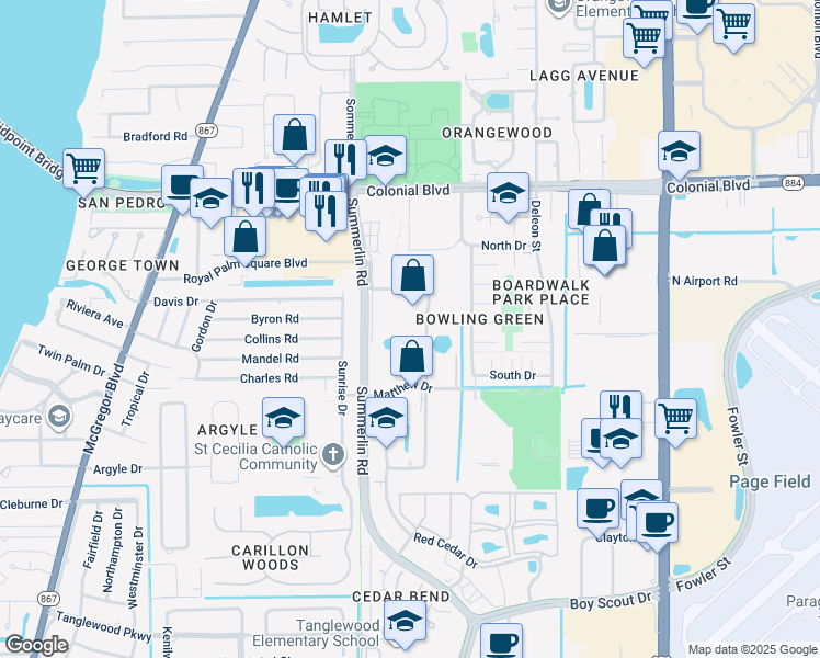 map of restaurants, bars, coffee shops, grocery stores, and more near 4790 Barkley Circle in Fort Myers