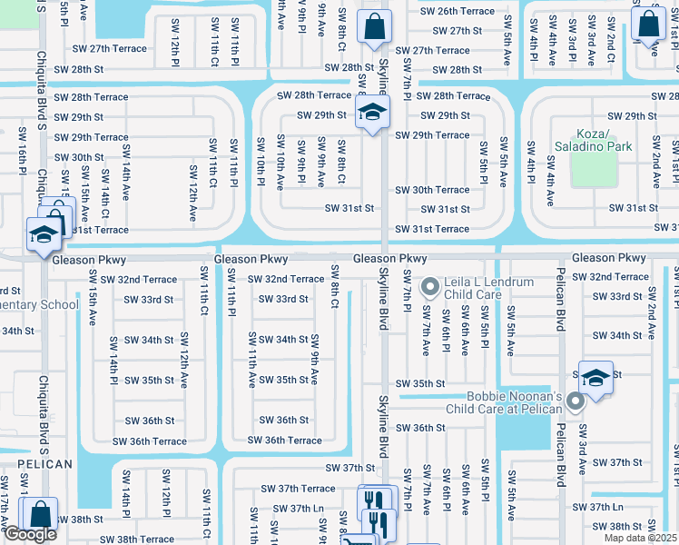map of restaurants, bars, coffee shops, grocery stores, and more near 831 Southwest 32nd Terrace in Cape Coral