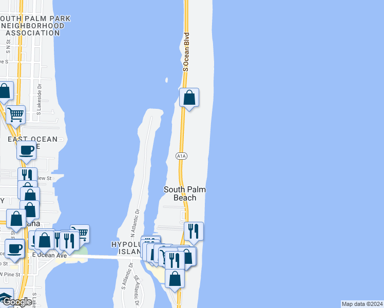 map of restaurants, bars, coffee shops, grocery stores, and more near 3540 South Ocean Boulevard in South Palm Beach