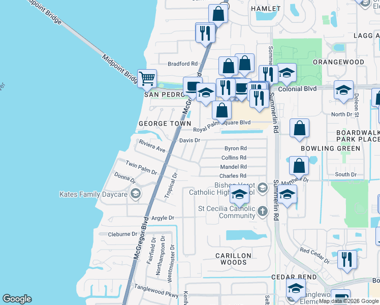 map of restaurants, bars, coffee shops, grocery stores, and more near 5526 Seville Road in Fort Myers