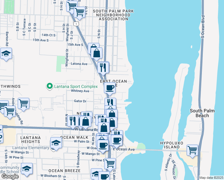 map of restaurants, bars, coffee shops, grocery stores, and more near in Lantana