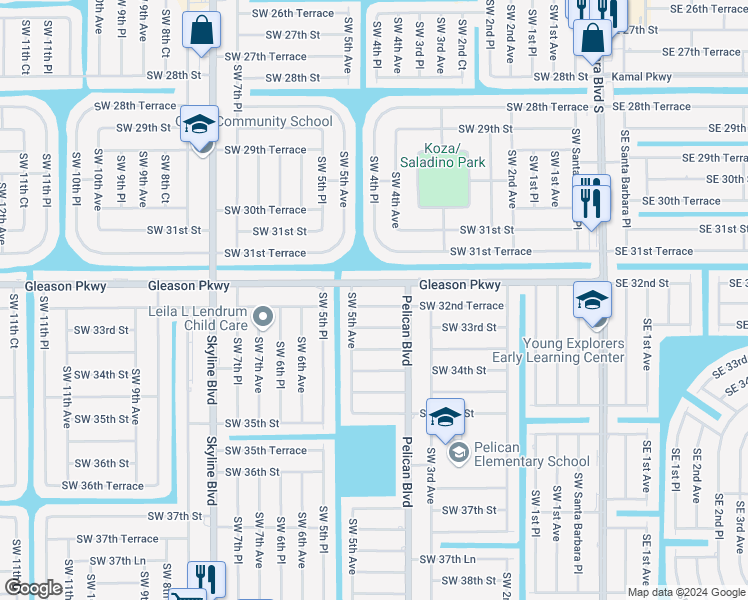 map of restaurants, bars, coffee shops, grocery stores, and more near 419 Southwest 32nd Terrace in Cape Coral