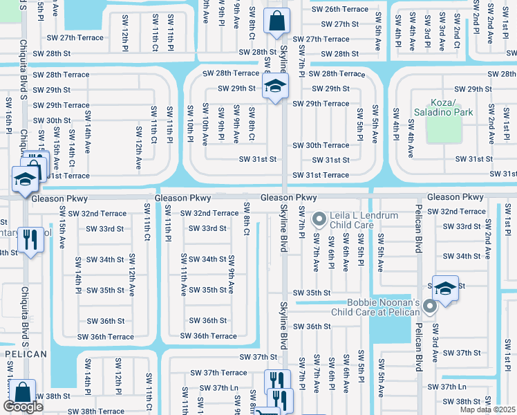 map of restaurants, bars, coffee shops, grocery stores, and more near 831 Southwest 32nd Terrace in Cape Coral