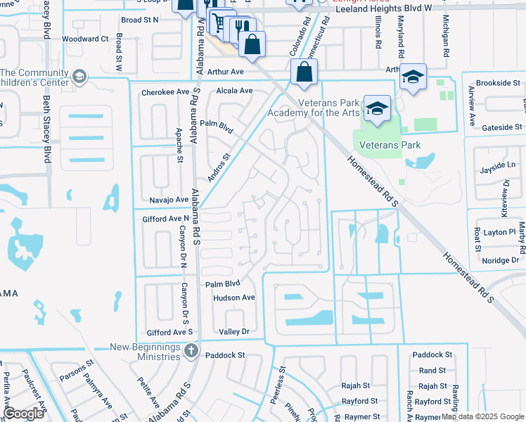 map of restaurants, bars, coffee shops, grocery stores, and more near 10439 New Bedford Court in Lehigh Acres