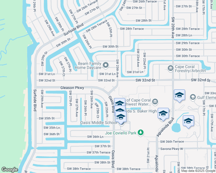 map of restaurants, bars, coffee shops, grocery stores, and more near 2513 Gleason Parkway in Cape Coral