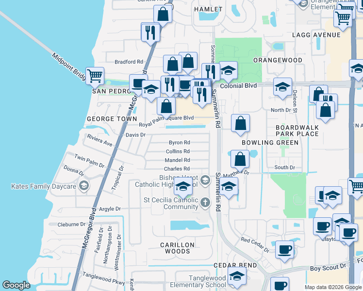 map of restaurants, bars, coffee shops, grocery stores, and more near 1446 Byron Road in Fort Myers