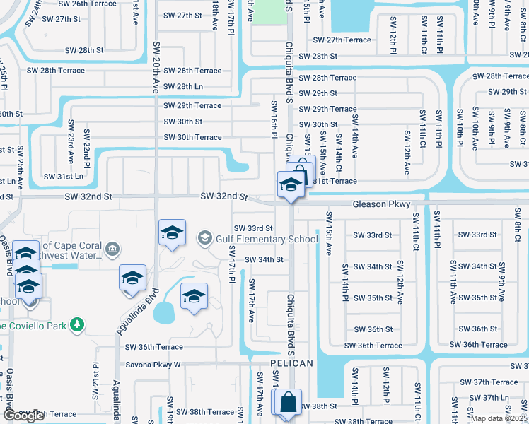 map of restaurants, bars, coffee shops, grocery stores, and more near 1614 Southwest 32nd Terrace in Cape Coral