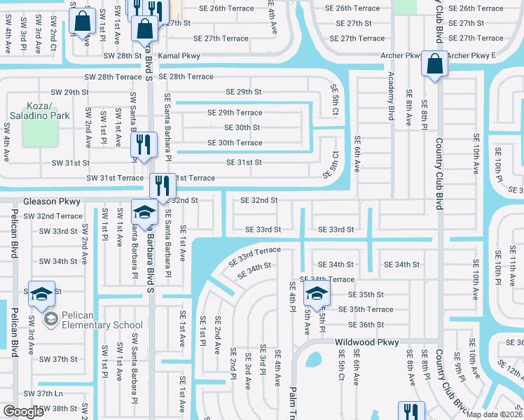 map of restaurants, bars, coffee shops, grocery stores, and more near 327 Southeast 32nd Terrace in Cape Coral