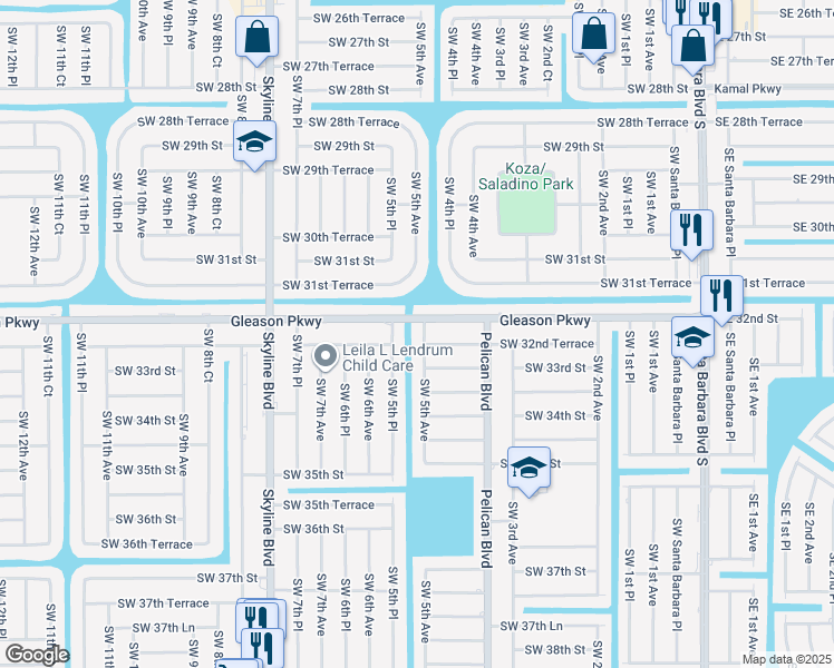 map of restaurants, bars, coffee shops, grocery stores, and more near 3206 Southwest 5th Avenue in Cape Coral