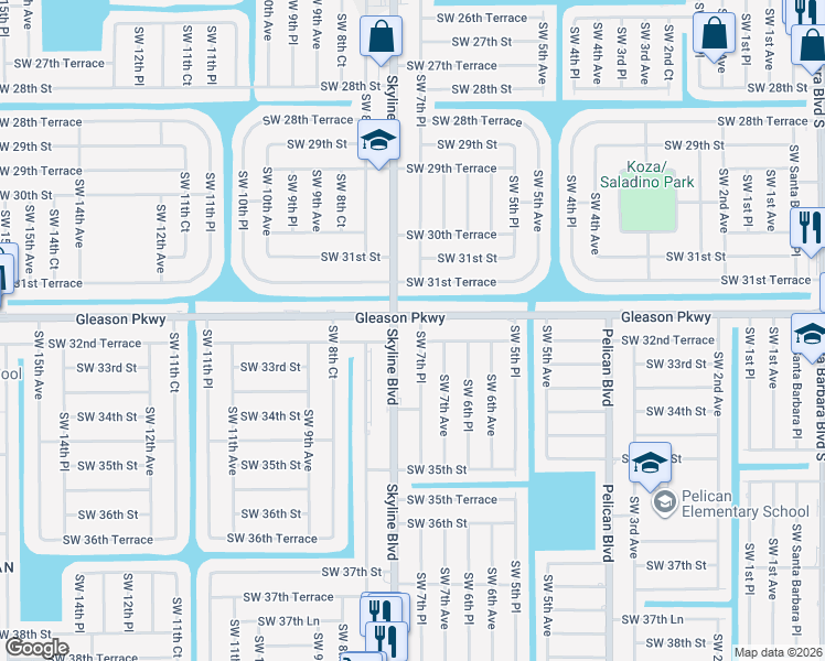 map of restaurants, bars, coffee shops, grocery stores, and more near 3206 Southwest 7th Place in Cape Coral