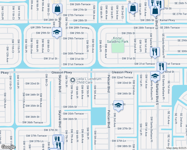 map of restaurants, bars, coffee shops, grocery stores, and more near 3206 Southwest 5th Avenue in Cape Coral