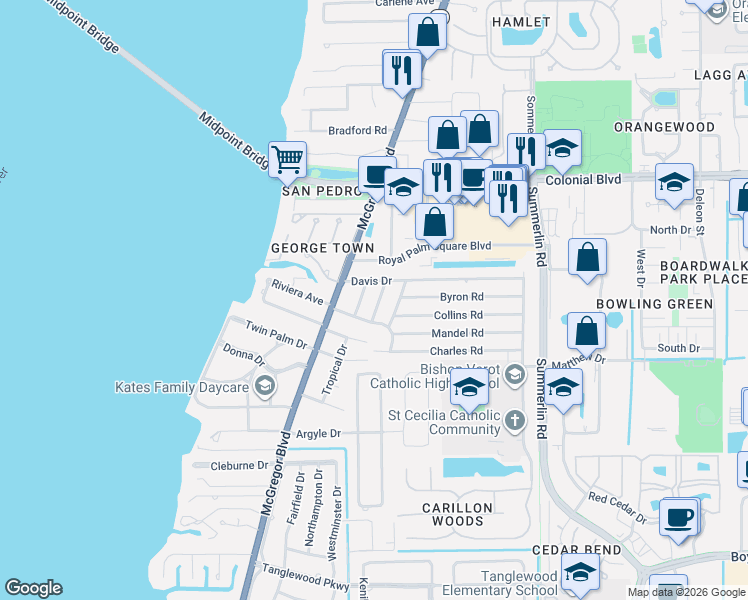 map of restaurants, bars, coffee shops, grocery stores, and more near 5524 Seville Road in Fort Myers