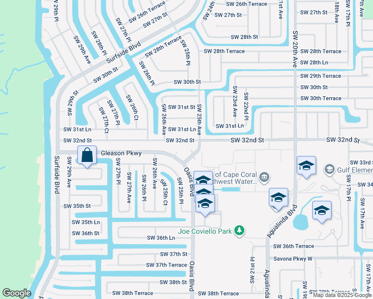 map of restaurants, bars, coffee shops, grocery stores, and more near 2513 Gleason Parkway in Cape Coral
