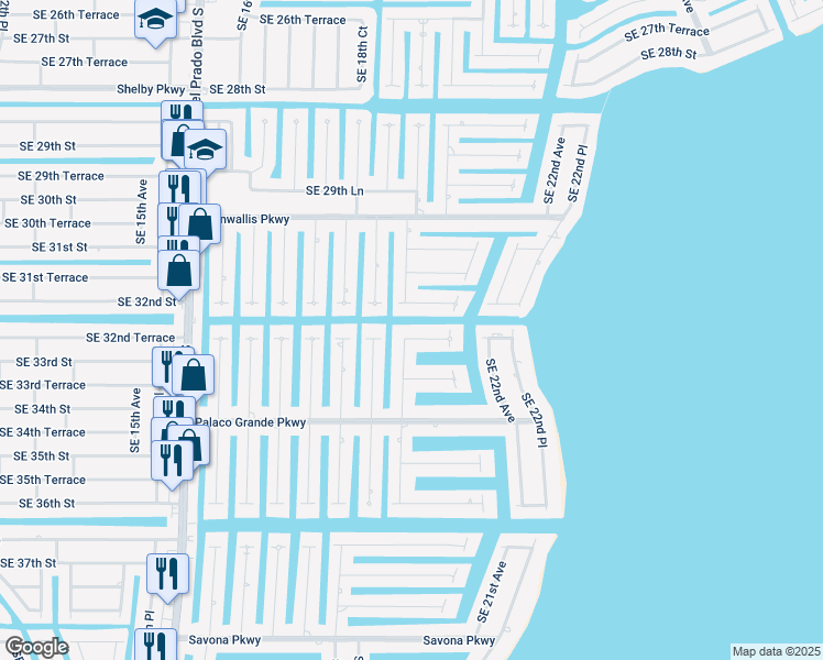 map of restaurants, bars, coffee shops, grocery stores, and more near 1911 Southeast 32nd Terrace in Cape Coral