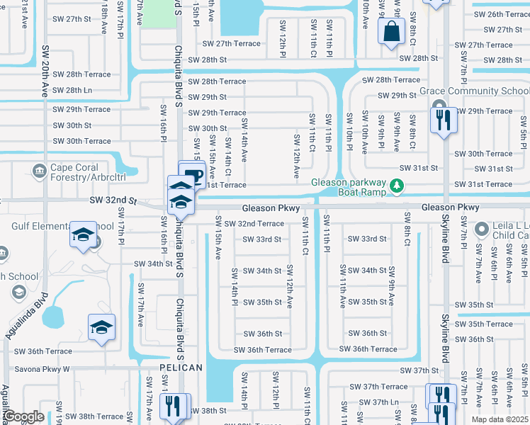 map of restaurants, bars, coffee shops, grocery stores, and more near 1222 Gleason Parkway in Cape Coral