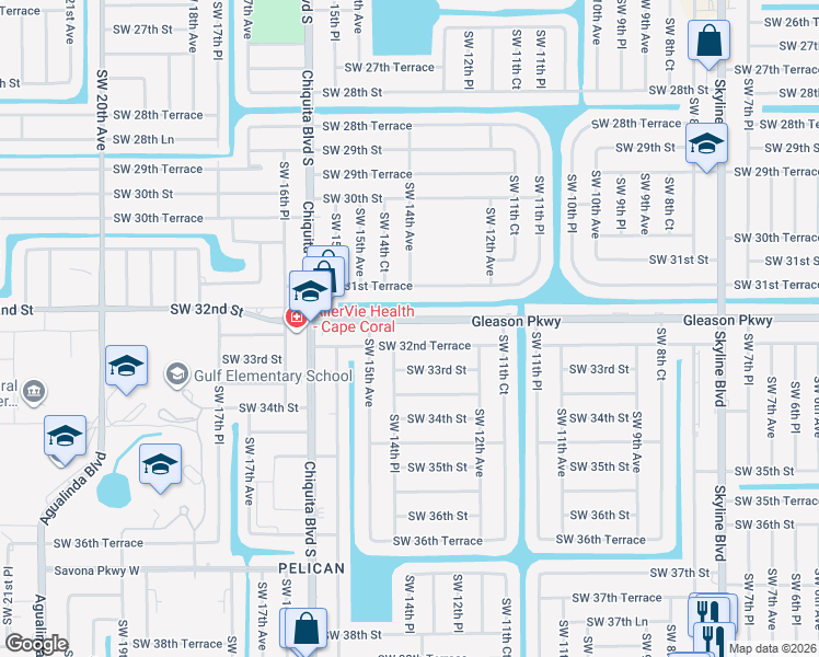 map of restaurants, bars, coffee shops, grocery stores, and more near 1323 Southwest 32nd Terrace in Cape Coral