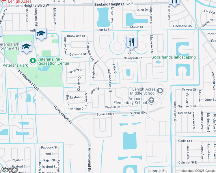 map of restaurants, bars, coffee shops, grocery stores, and more near 200 Danby Road in Lehigh Acres
