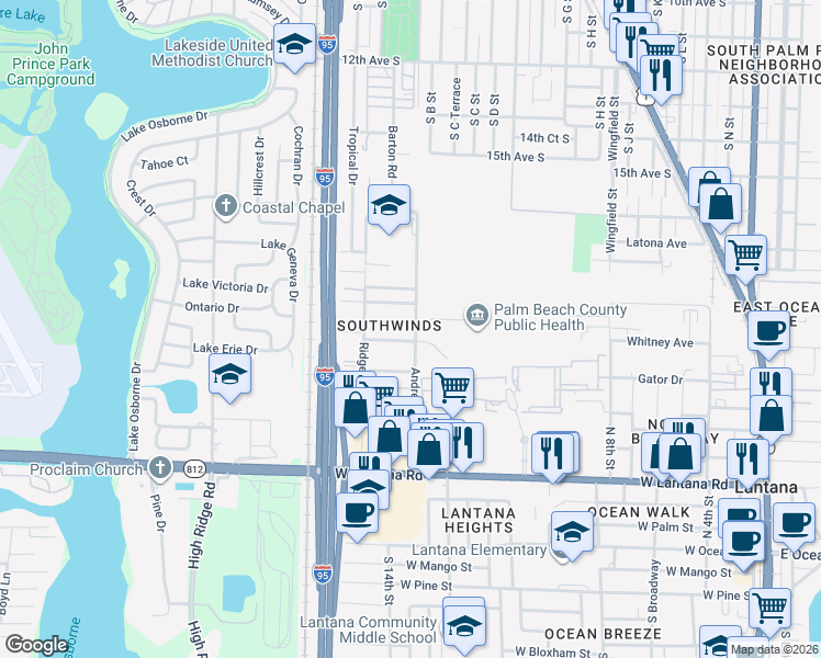 map of restaurants, bars, coffee shops, grocery stores, and more near in Lantana