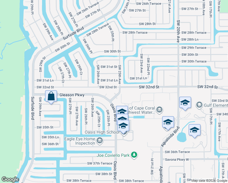 map of restaurants, bars, coffee shops, grocery stores, and more near 2513 Gleason Parkway in Cape Coral