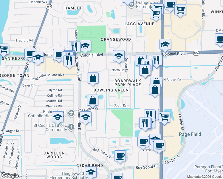 map of restaurants, bars, coffee shops, grocery stores, and more near 1634 Kensington Court in Fort Myers