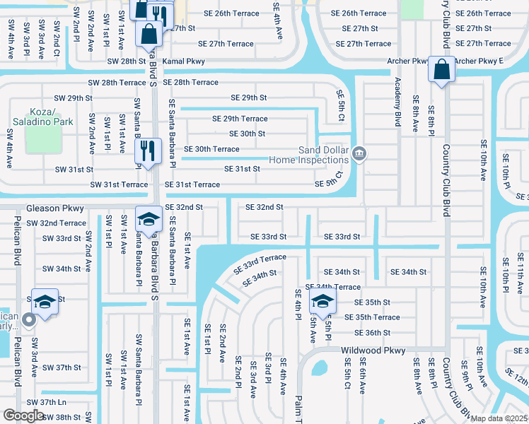map of restaurants, bars, coffee shops, grocery stores, and more near 322 Southeast 32nd Street in Cape Coral