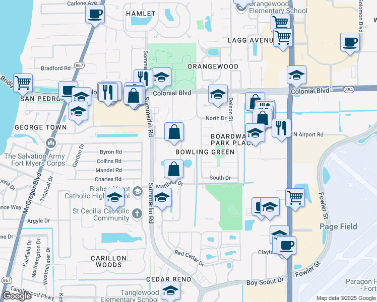 map of restaurants, bars, coffee shops, grocery stores, and more near 40 Barkley Circle in Fort Myers